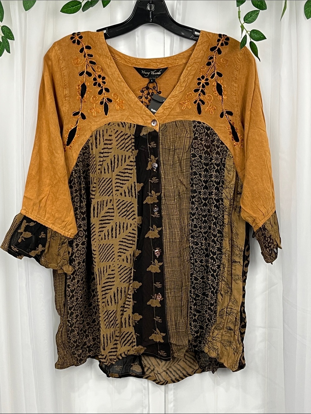 Young Threads Womens Top L Caramel Color Button Down Embroidery Mixed Print NWT